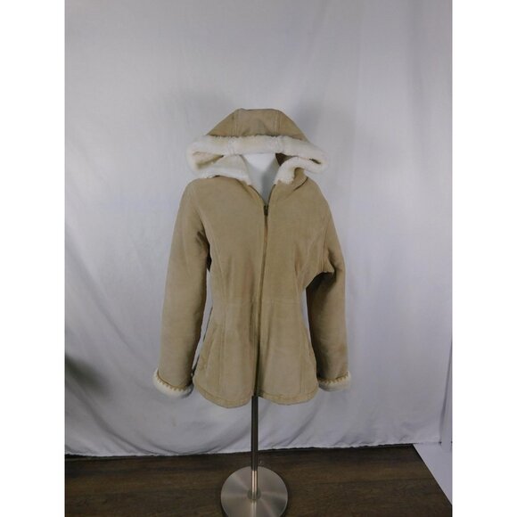 Croft & Barrow Jacket Womens Large Tan Suede Hooded Sherpa Lined Full Zip Coat - Picture 1 of 12